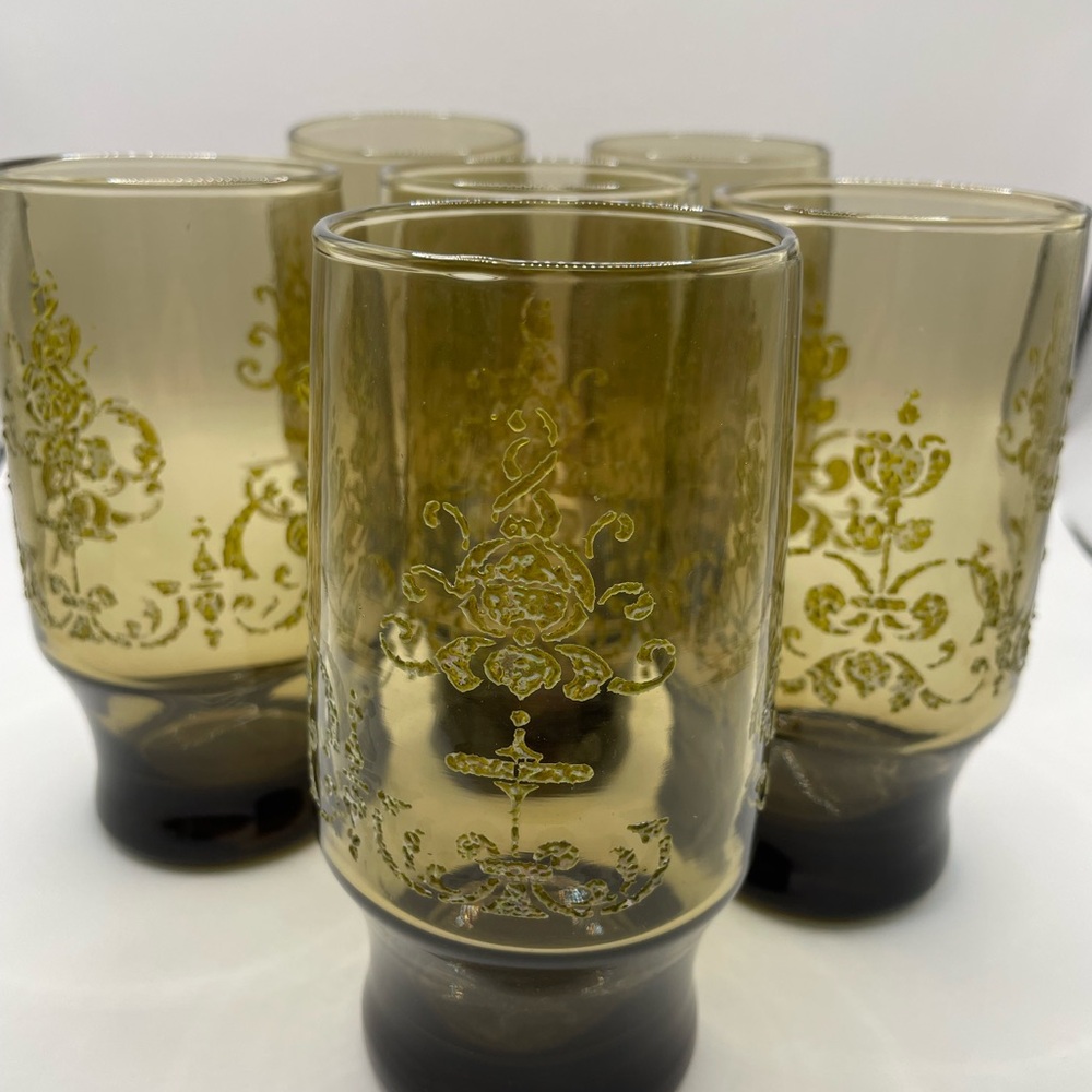 Vintage MCM Libbey Smoky Brown Stencil Etched Glasses Set of 6